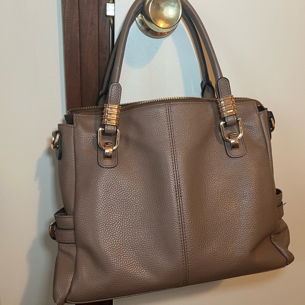 Elegant Taupe Handbag with Gold Accents